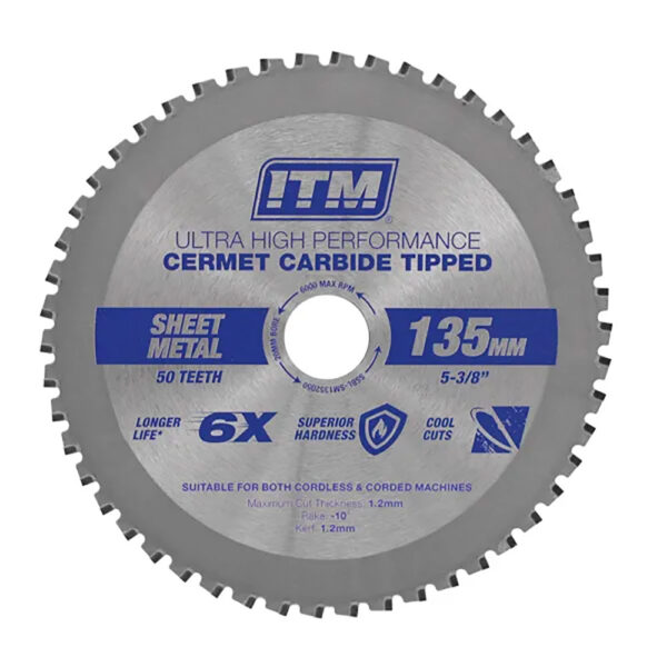 ITM 135mm Sheet Metal Cutting Blade Cermet CarbideTipped 50T ITM 135mm Sheet Metal Cutting Blade Cermet CarbideTipped 50T