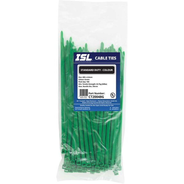 ISL 200 x 4.8mm Nylon Cable Tie - Green - 100pk ISL 200 x 4.8mm Nylon Cable Tie - Green - 100pk