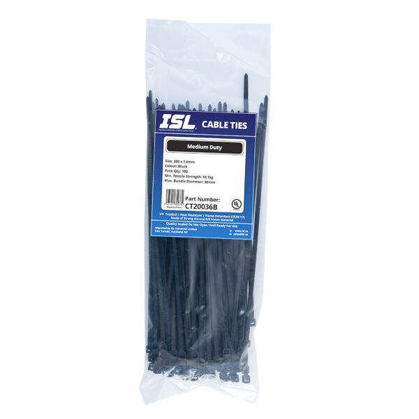 ISL 200 x 3.6mm UV Nylon Cable Tie - Blk. - 100pk ISL 200 x 3.6mm UV Nylon Cable Tie - Blk. - 100pk