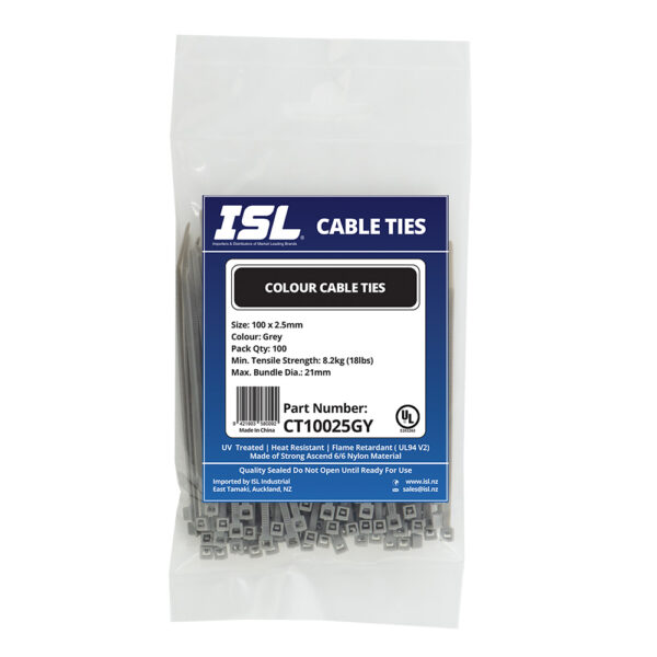 ISL 100 x 2.5mm Nylon Cable Tie - Grey - 100pk ISL 100 x 2.5mm Nylon Cable Tie - Grey - 100pk