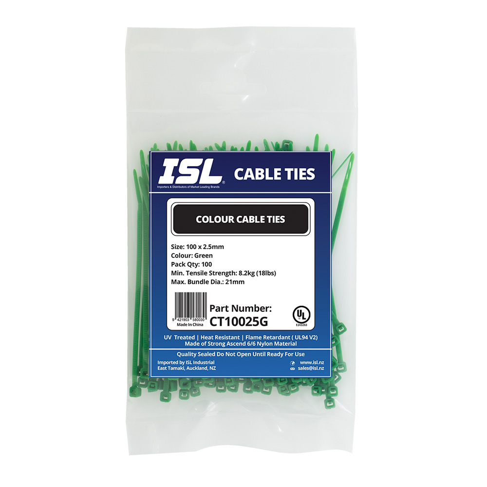 ISL 100 x 2.5mm Nylon Cable Tie - Green - 100pk